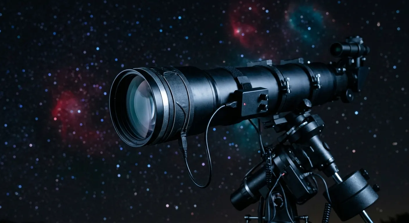 A refractor telescope objective with a dew heater strip wrapped around the lens cell and a PWM controller mounted on the tube, cool blue-black ambient light of a clear damp night