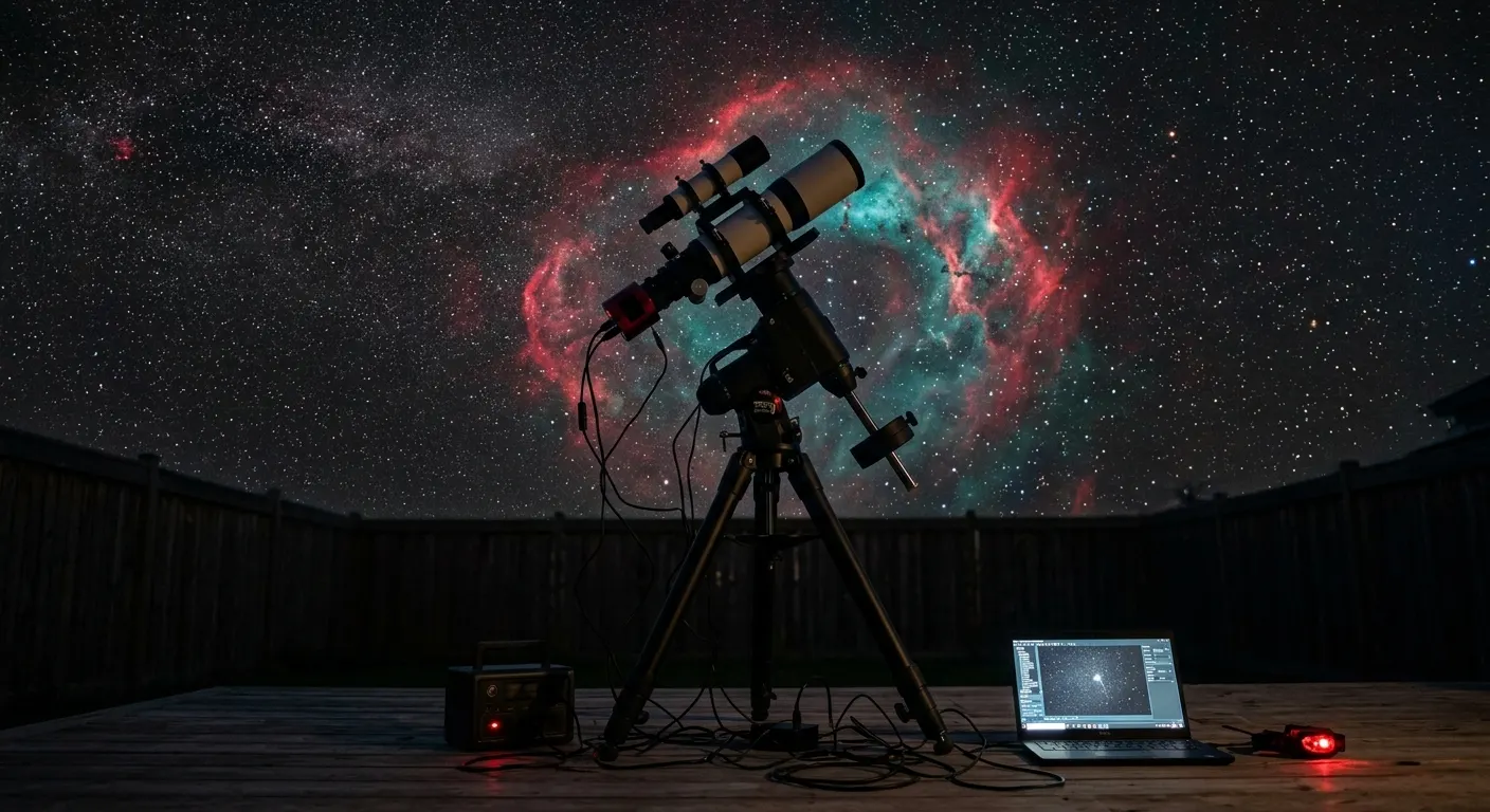 A deep-sky emission nebula rendered in hydrogen-alpha red and OIII teal against a near-black star field, the classic dual-narrowband palette of a one-shot color camera under suburban light pollution